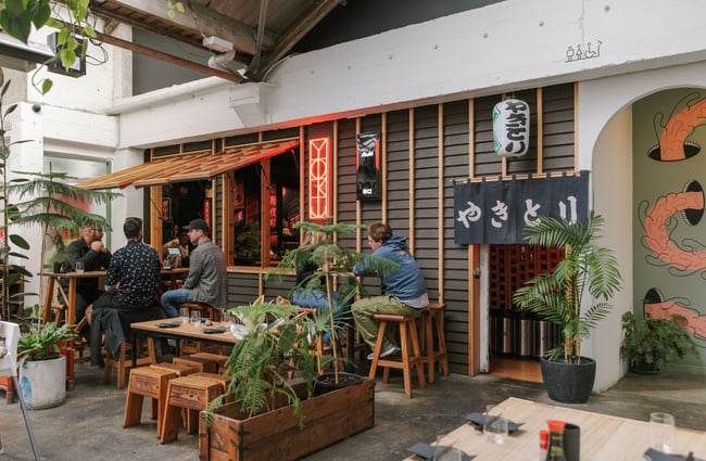 The colourful entrance to Bar Yoku Christchurch.