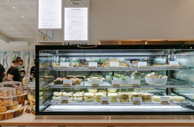 Cabinet of food at Barker's Foodstore and Eatery, Geraldine.