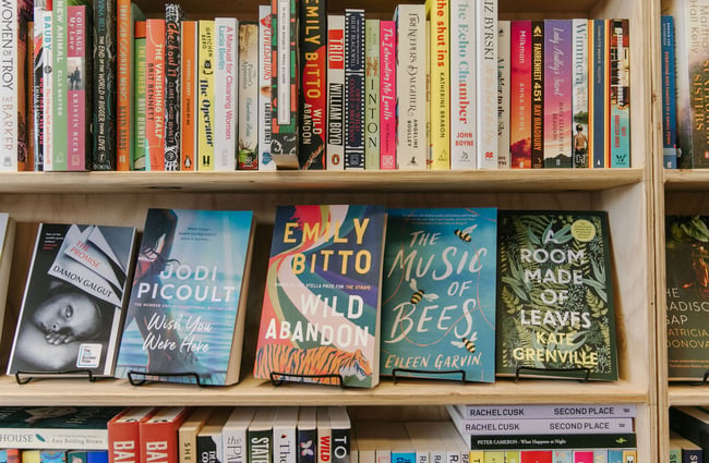 Close up of modern fiction for sale at Bay Hills Books in Timaru, New Zealand.