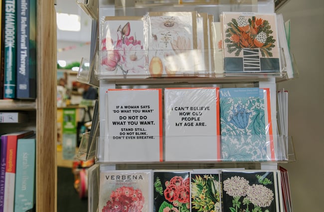 Greeting cards on display at Bay Hills Books in Timaru, New Zealand.