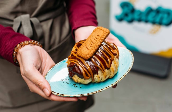 Close up of chocolate and Lotus biscuit pastry from Belén, Wellington.
