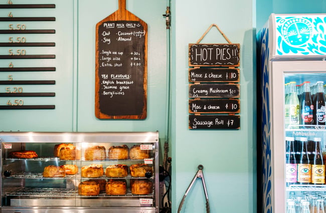 Hot pies in the cabinet at Belén, Wellington.