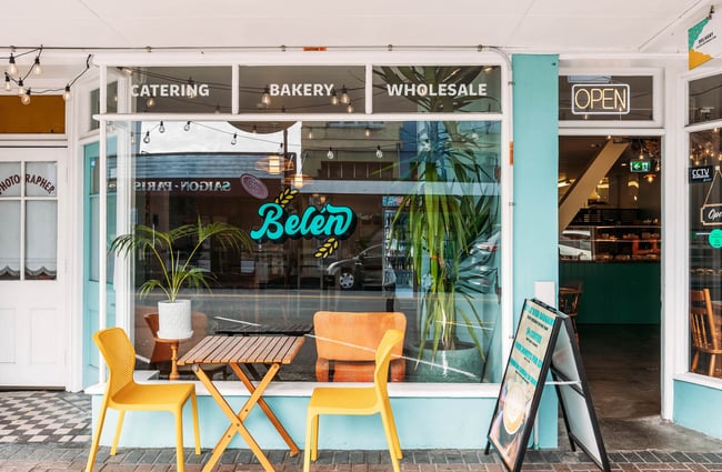Outdoor table on street at Belen Plant Bakery in Petone