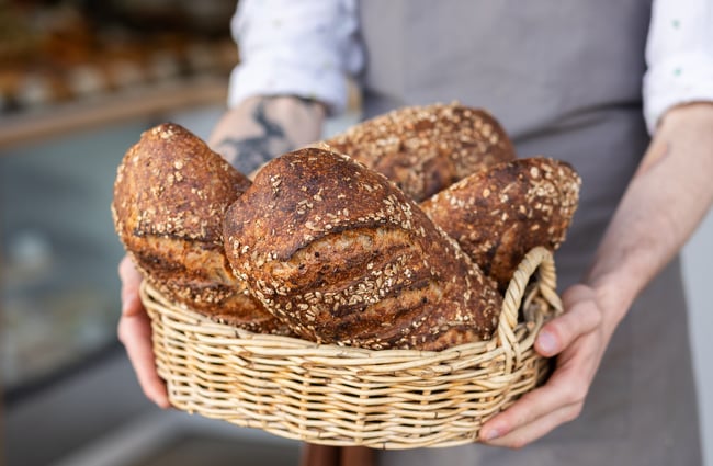 A bakery assistant holds a basket of sourdough loaves at Bellbird Bakery Holmwood.