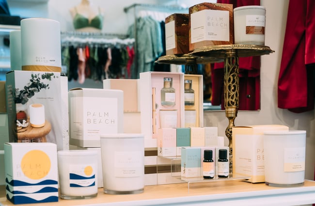 Palm Beach candles on display at Belle Bird Boutique.