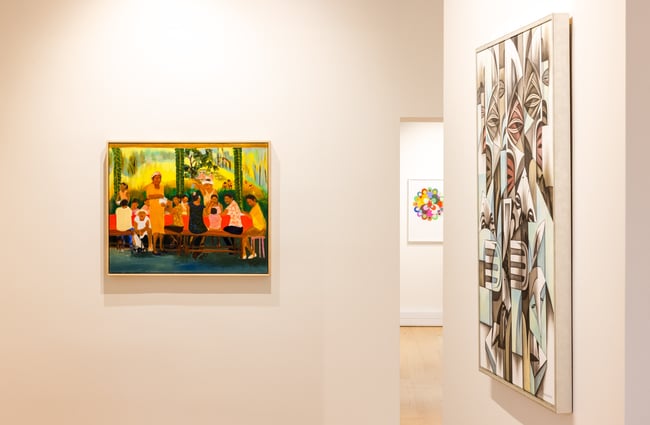 Works of art on white walls in Bergman Gallery.