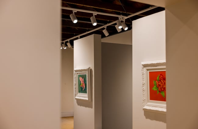 Small works of art on walls.