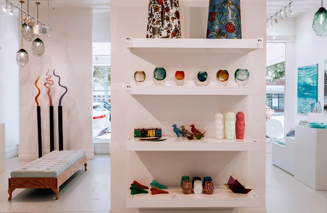 Colourful glassworks on display at Black Door Gallery, Auckland.