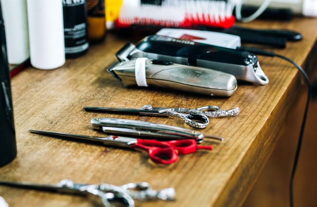Rows of scissors on a wooden table.