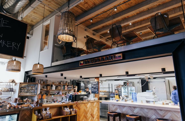 Seating area on floating mezzanine floor at Bohemian Bakery in Christchurch's central city.
