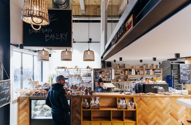 Counter and view of the bakery floor at Bohemian Bakery in Christchurch's central city.