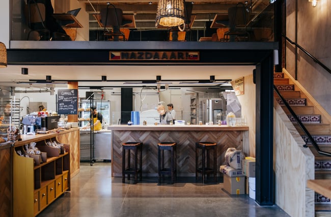 View of floating mezzanine at Bohemian Bakery in Christchurch's central city.