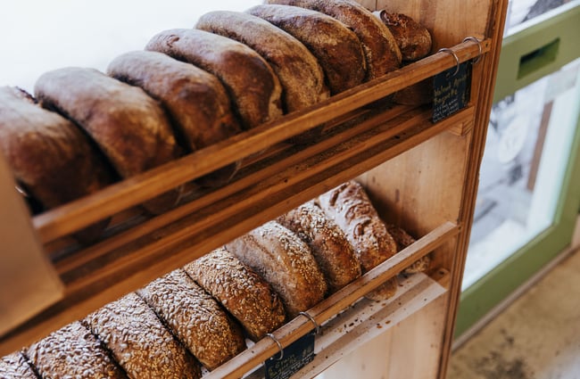 Loaves of bread lined up in a window.