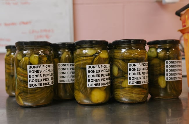 Jars of Bones Pickles in the kitchen.