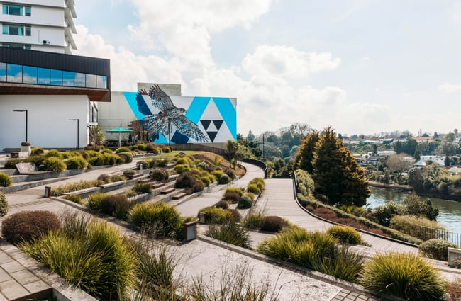 A seating area next to the Waikato River in Hamilton.