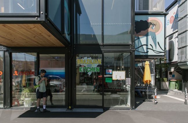 Brazilian Kitchen on a corner entrance to BOXed Quarter in Christchurch.