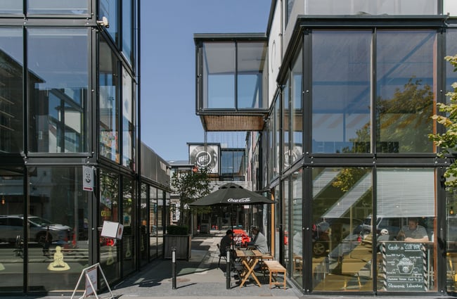 Looking down a laneway into BOXed Quarter in Christchurch.