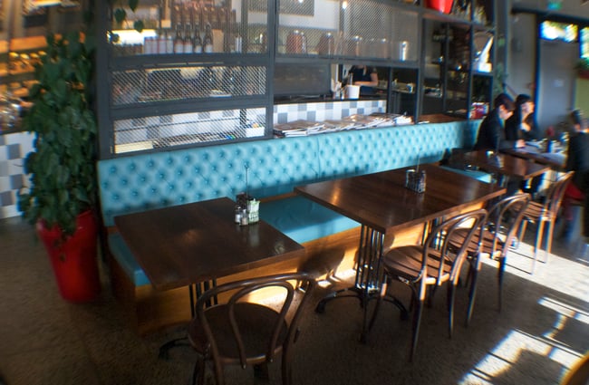 Blue booth seats.