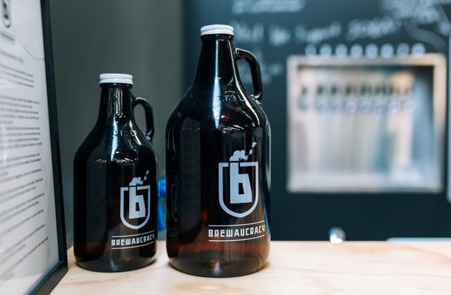 Two glass flagons at Brewaucracy, Hamilton.