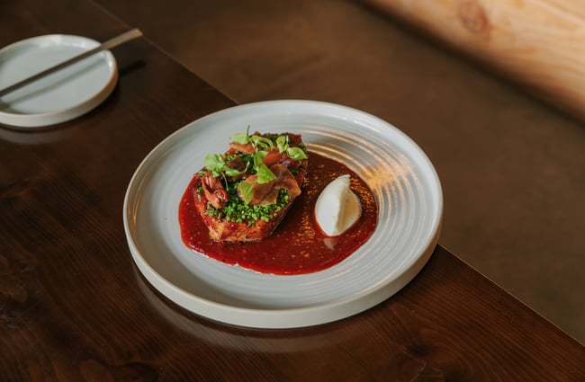 A close up of a plate of food on a table.