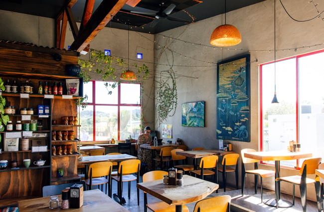 Interior view of the dining room at Brewed As.