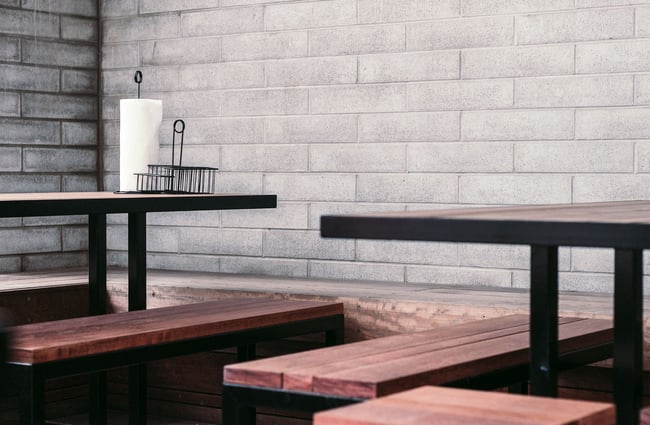 Outside wooden seating.