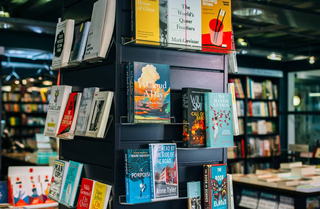 Close up of books on a display.