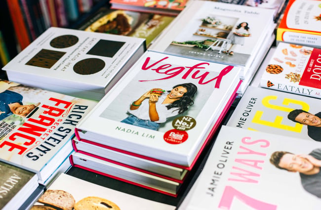 Close up of cookbooks.