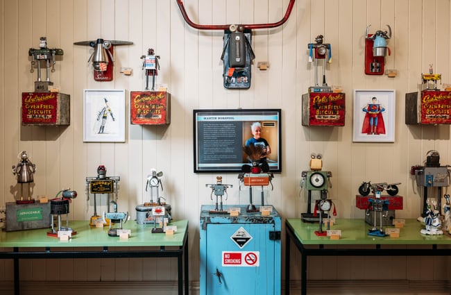 A collection of robot sculptures displayed at Buggyrobot in Ōamaru