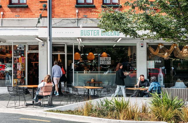 The exterior of Buster Greens cafe.