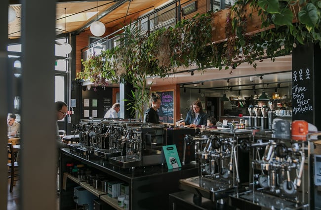 Coffee machines for sale inside C4, below a mezzanine balcony with hanging vines.