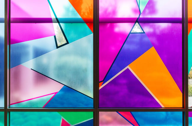 Pink and orange stained glass window.