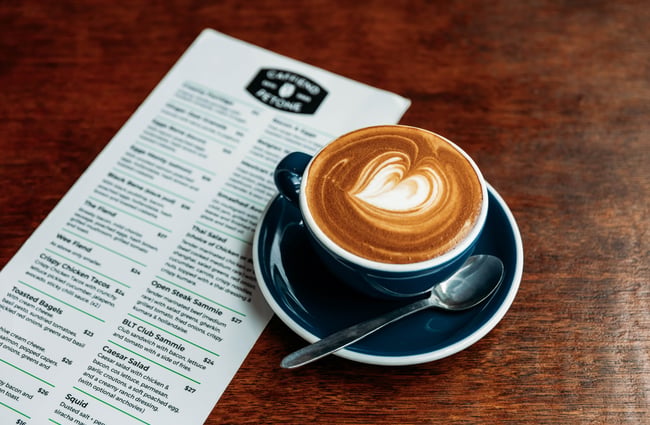 Cup of coffee on the table at Caffiend.