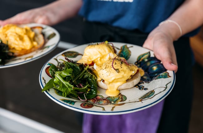 Hands holding plates of scrambled egg and eggs benedict.