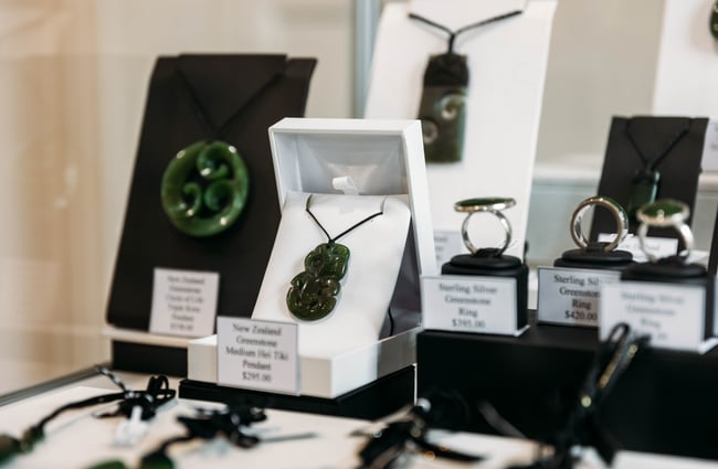 Greenstone jewellery on display in the cabinet at Cameron Jewellery.