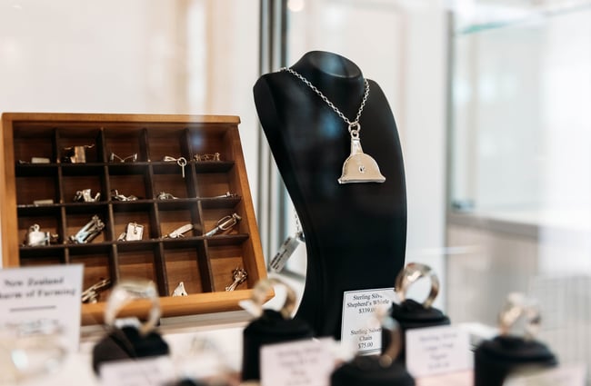 Close up of jewellery in the cabinet at Cameron Jewellery.