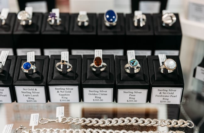 Cabinet of rings on display at Cameron Jewellery.