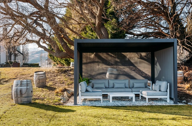 A covered outdoor seating area.