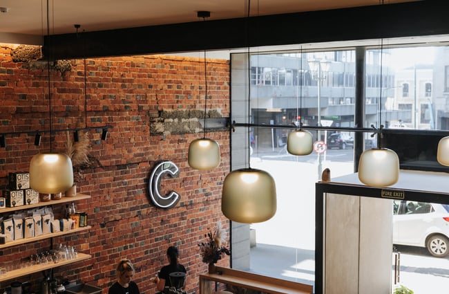 Lights hanging from the ceiling.