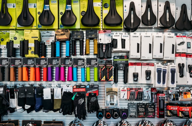 Cycling products hanging on the wall at Central Bicycle Studio