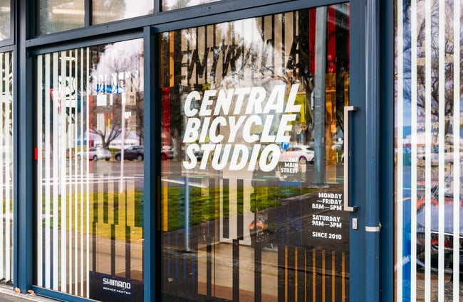Sign in window at Central Bicycle Studio.