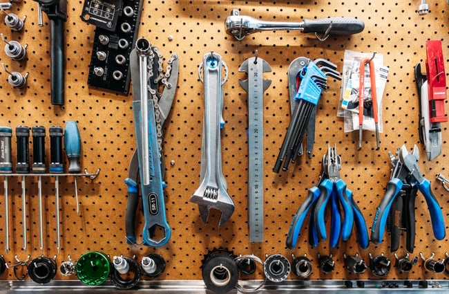 Tools on the wall at Central Bicycle Studio.