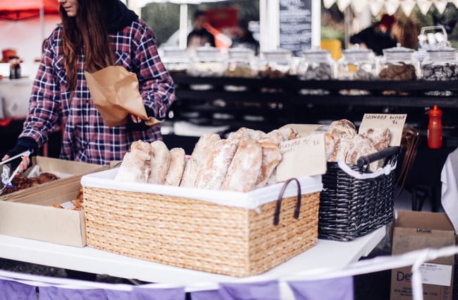 Basket of bread for sale at Christchurch Farmers Market.