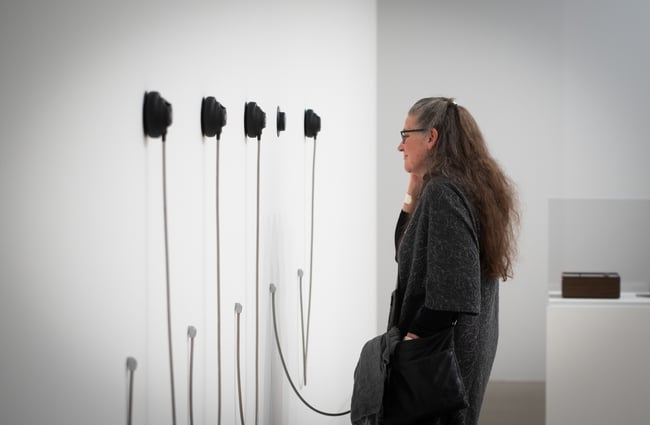 Woman looking at art on a white wall.