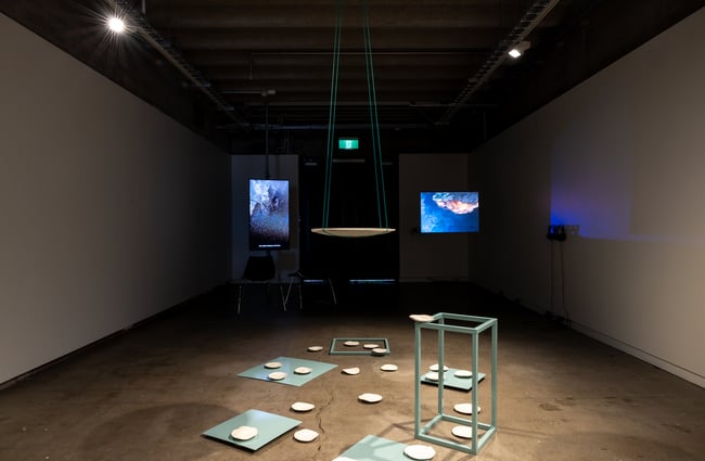Contemporary art installation in a dark gallery room at CoCA