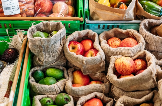 Apples and feijoas on shelf at Commonsense Organics in Kilbernie