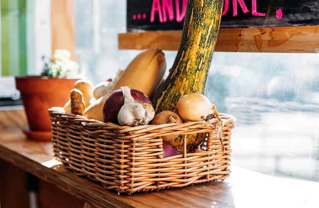 Basket of fresh produce on the shelf at Commonsense on Tory Street in Wellington