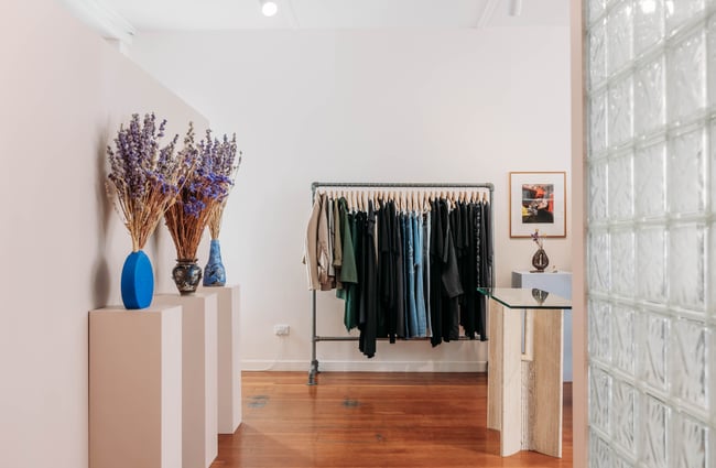 Rack of clothing at Company Store.