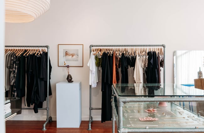 Racks of clothing at Company Store.