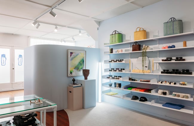 Shelves laden with products at Company Store.